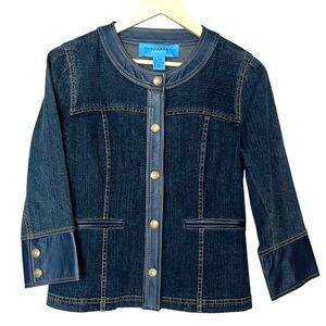 Doncaster Sport Denim Jean Jacket Navy Blue Leather Trim Gold Snaps Womens Sz 6